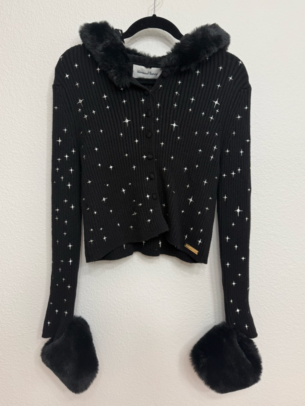 House of Sunny Black Star-Embellished Knit Cardigan with Faux Fur Collar & Cuffs